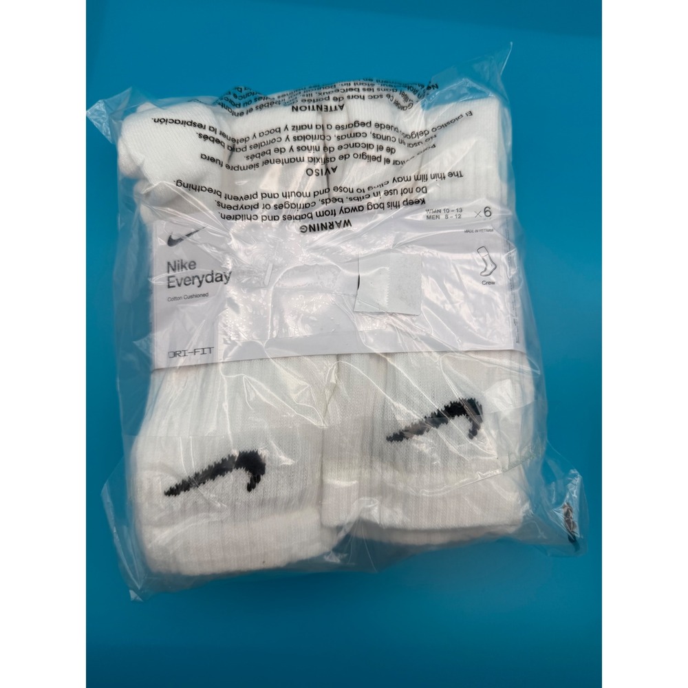 Nike Crew Socks Unisex Large White New 6 Pair Pack Dri-FIT Cotton Cushioned